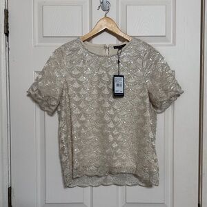 NWTs Adrianna Papell Shimmering Beaded Beige Short Sleeve Blouse